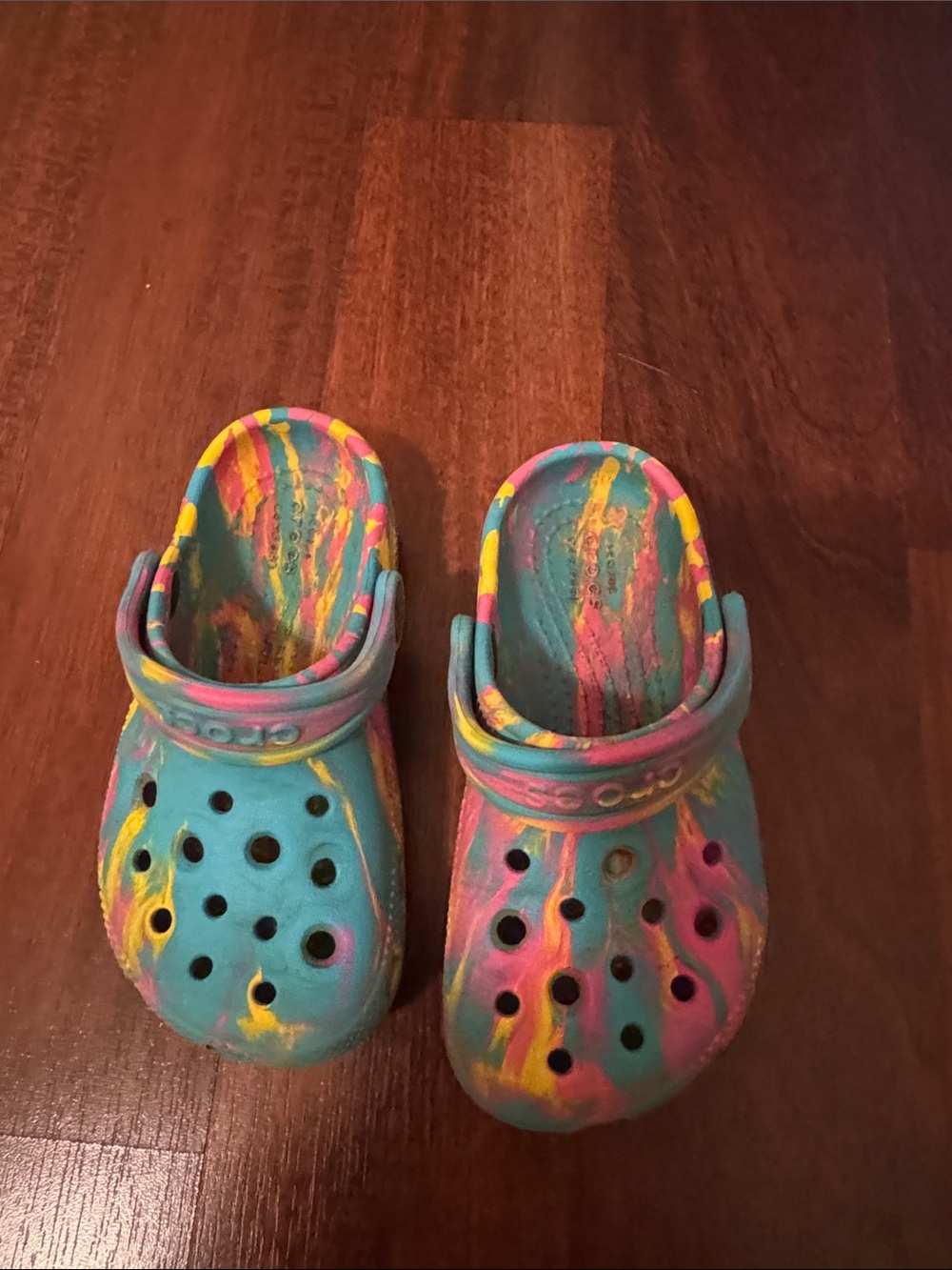 CROCS Kids Teal, Pink & Yellow Marble Classic Clogs